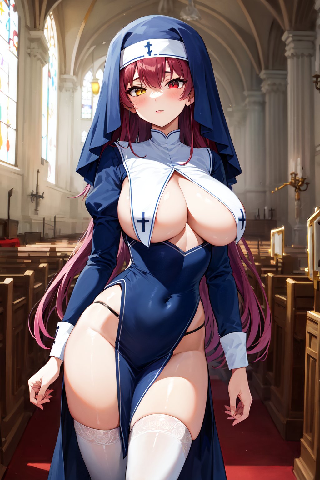 masterpiece, best quality, highres, ffmarine, long hair, habit, heterochromia, nun, blue dress, cleavage, long sleeves, breast curtains, underboob, pelvic curtain, white thighhighs, <lora:houshou_marine_v1:0.8>, standing, cowboy shot, church, indoors