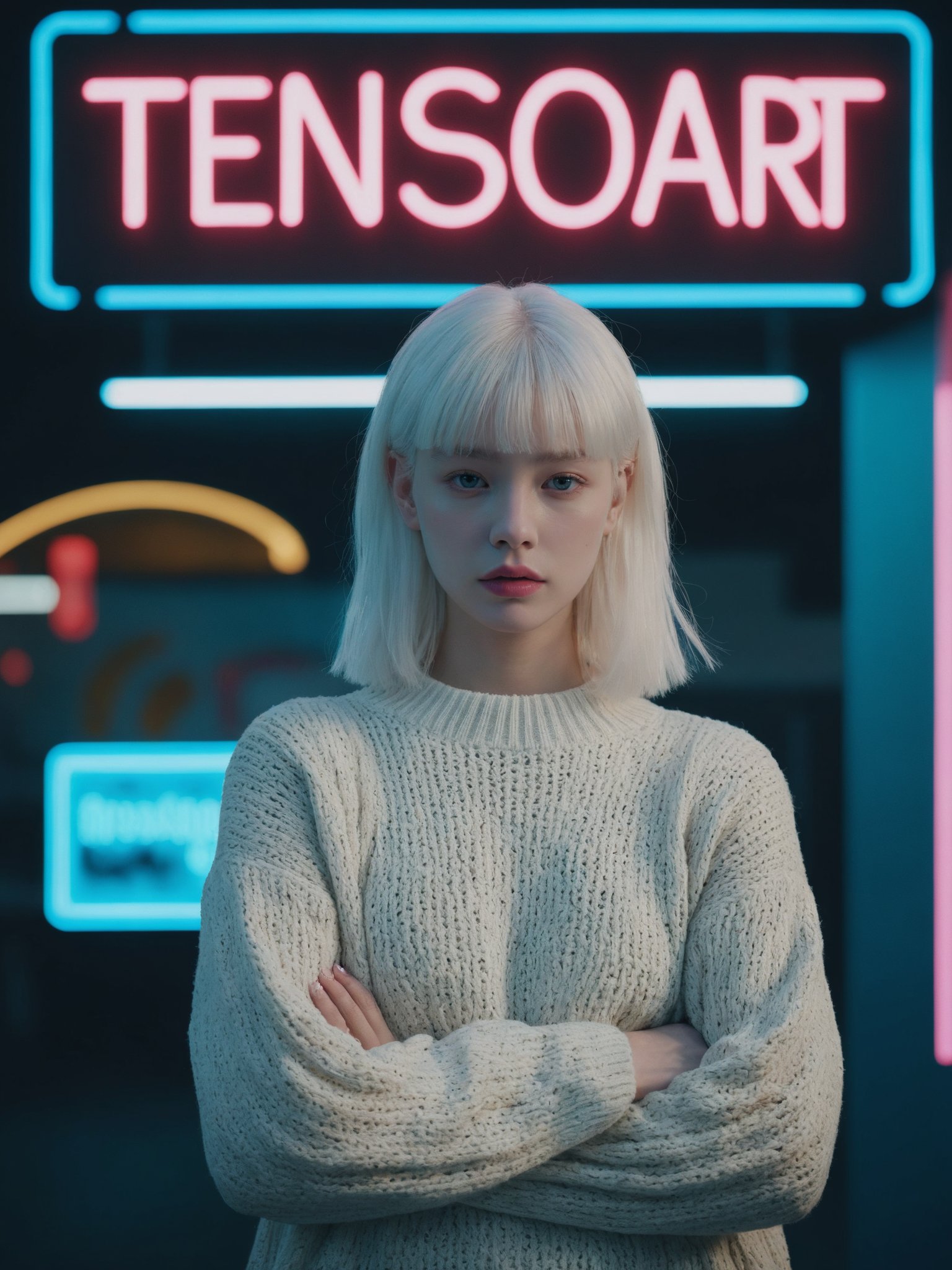 1girl, A young albino woman holding a neon sign that says "TensorArt" realism, cinematic outfit photo, cinematic pastel lighting, 80s neon movie still, knitted sweater