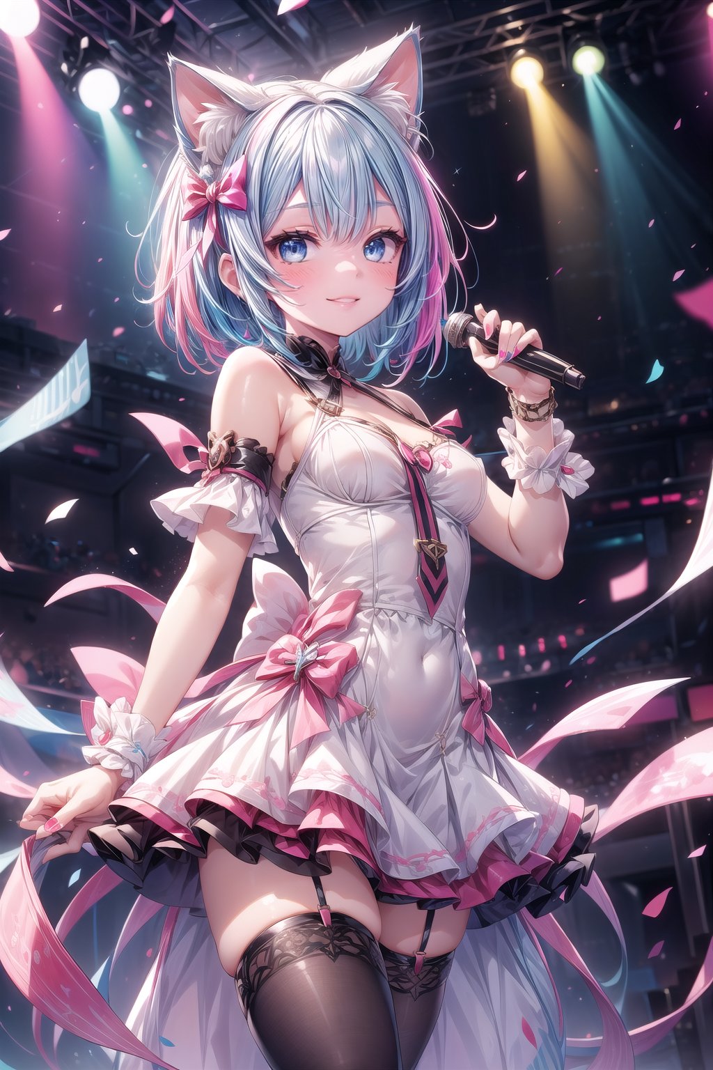 1girl, solo, breasts, looking at viewer, blush, smile, bangs, blue eyes, thighhighs, dress, bow, animal ears, bare shoulders, medium breasts, blue hair, standing, pink hair, hair bow, thighs, multicolored hair, cowboy shot, parted lips, sleeveless, black thighhighs, virtual youtuber, cat ears, hand up, medium hair, armpits, nail polish, white dress, two-tone hair, zettai ryouiki, animal ear fluff, wrist cuffs, short dress, extra ears, colored inner hair<lora:EMS-91280-EMS:1.000000>, <lora:EMS-279042-EMS:0.500000>, <lora:EMS-980-EMS:0.400000>