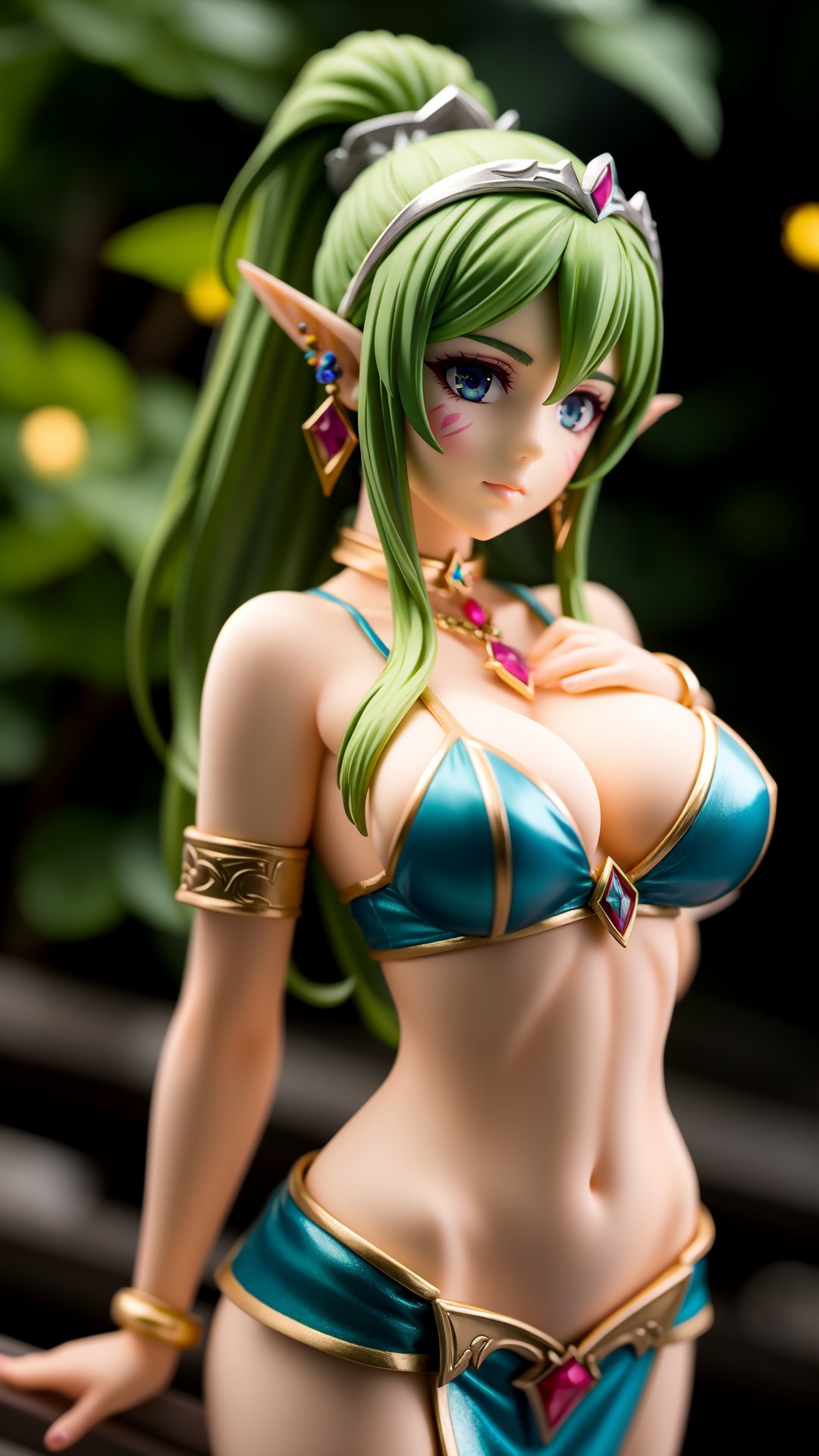 best quality,masterpiece,realistic,1girl,armband,armlet,blue eyes,bracelet,bush,closed mouth,collar,colored skin,ear piercing,earrings,elf,facial mark,feathers,fireflies,foliage,gem,glowing,glowing eyes,green hair,hair ornament,hand on own chest,jewelry,large breasts,leaf,long eyebrows,long hair,moonlight,nature,night elf (warcraft),night,nose,outdoors,pendant,piercing,pointy ears,ponytail,purple skin,realistic,solo,standing,tiara,toned,wading,waves,