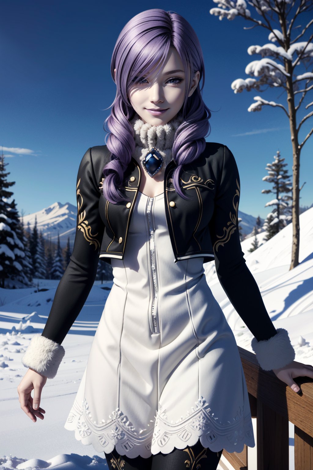 ((ultra detailed, masterpiece, absurdres)) <lora:HGDaniella:0.9>HGDaniella, 1girl, twin drills, purple hair, in a winter wonderland, cowboy shot, winter clothing, smile