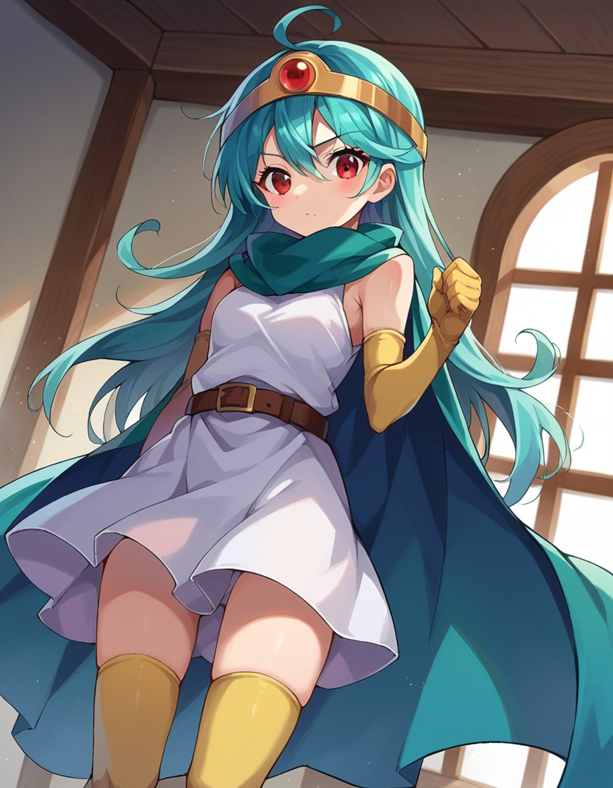 score_9, score_8_up, score_7_up, source_anime,dqsage, <lora:dq-sage-ponyxl-lora-nochekaiser:1>,sage, ahoge, aqua hair, red eyes, long hair,belt, buckle, cape, capelet, circlet, cloak, dress, elbow gloves, gloves, scarf, short dress, sleeveless, sleeveless dress, thighhighs, yellow gloves,indoors,looking at viewer, dutch angle, cowboy shot,