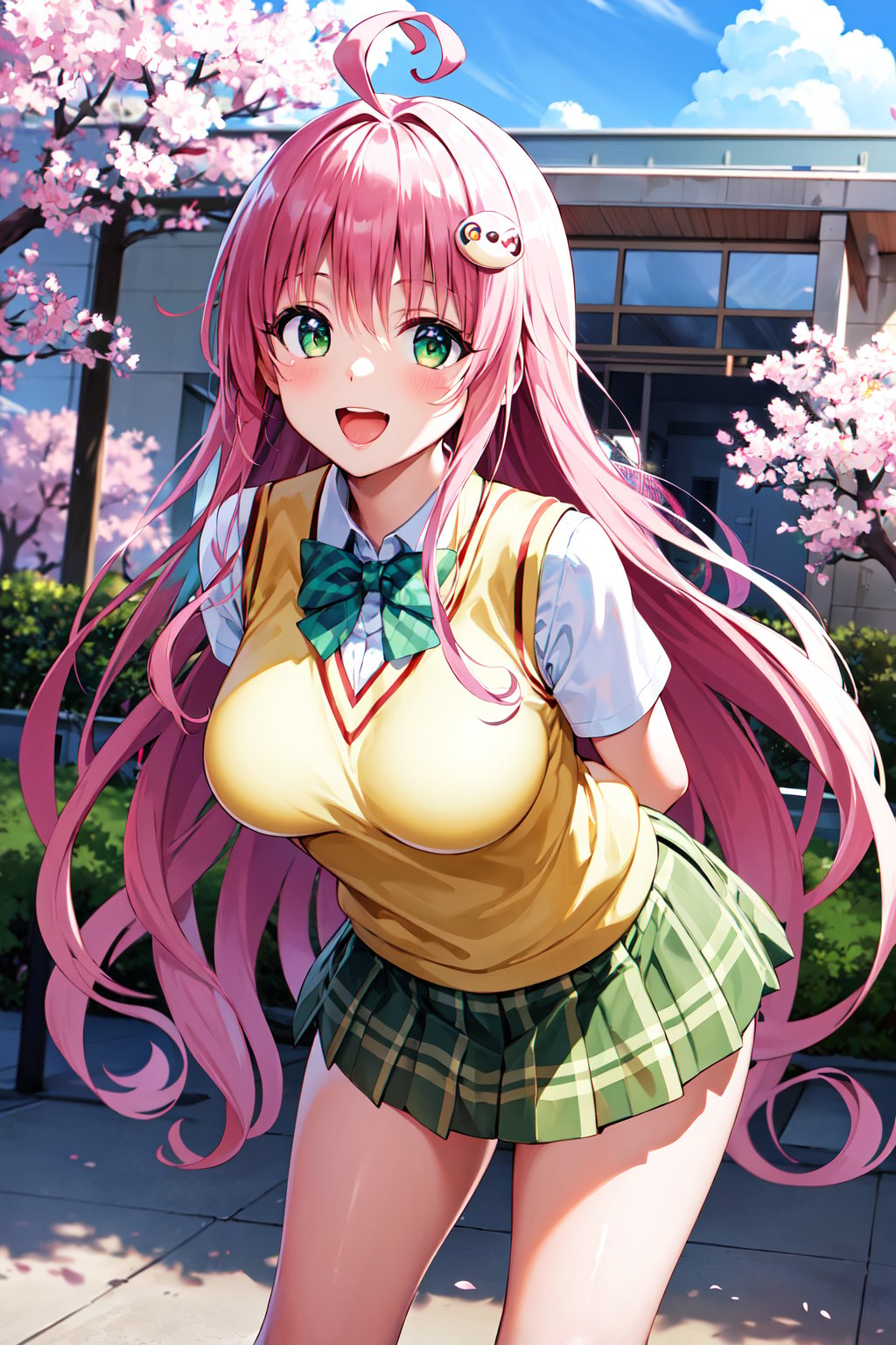 masterpiece, best quality, highres, aalala, long hair, ahoge, hair ornament, green eyes, breasts, school uniform, green bowtie, collared shirt, white shirt, sweater vest, yellow vest, short sleeves, plaid skirt, green skirt, <lora:lala_satalin_deviluke_v1:0.7>, arms behind back, leaning forward, standing, outdoors, smile, open mouth, cherry blossoms,