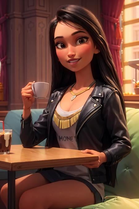 portrait, looking at viewer, smile, parted lips,pocahontasodd, 1girl, solo female, black hair, long hair, blunt ends, brown eyes, dark-skinned female,medium breasts, cleavage, leather biker jacket, open jacket, white undershirt, fringe trim, holding a cup of coffee, jewelry, intricate gold necklace, sitting at a bar stool,bustling cafe, indoors, city visible through window,  daytime, volumetric lighting, realistic, blurred background, depth of field, <lora:Pocahontas_ODD:0.65>