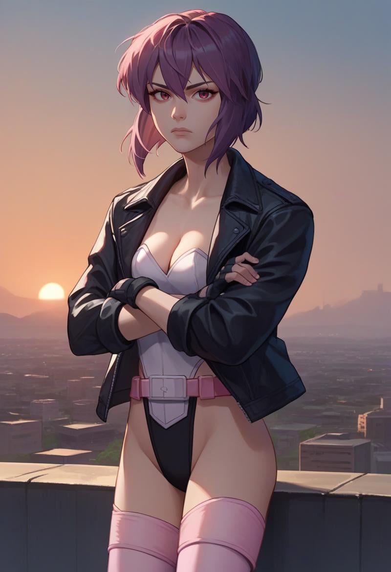 score_9, score_8_up, score_7_up, source_anime, solo, 1girl, motokosac, expressionless, looking at viewer, crossed arms, black jacket, open jacket, highleg leotard, belt, black gloves, fingerless gloves, pink thighhighs, cleavage, sunset, outdoors, rooftop <lora:ghostintheshell_kusanagi_ponyXL-SAC:1>