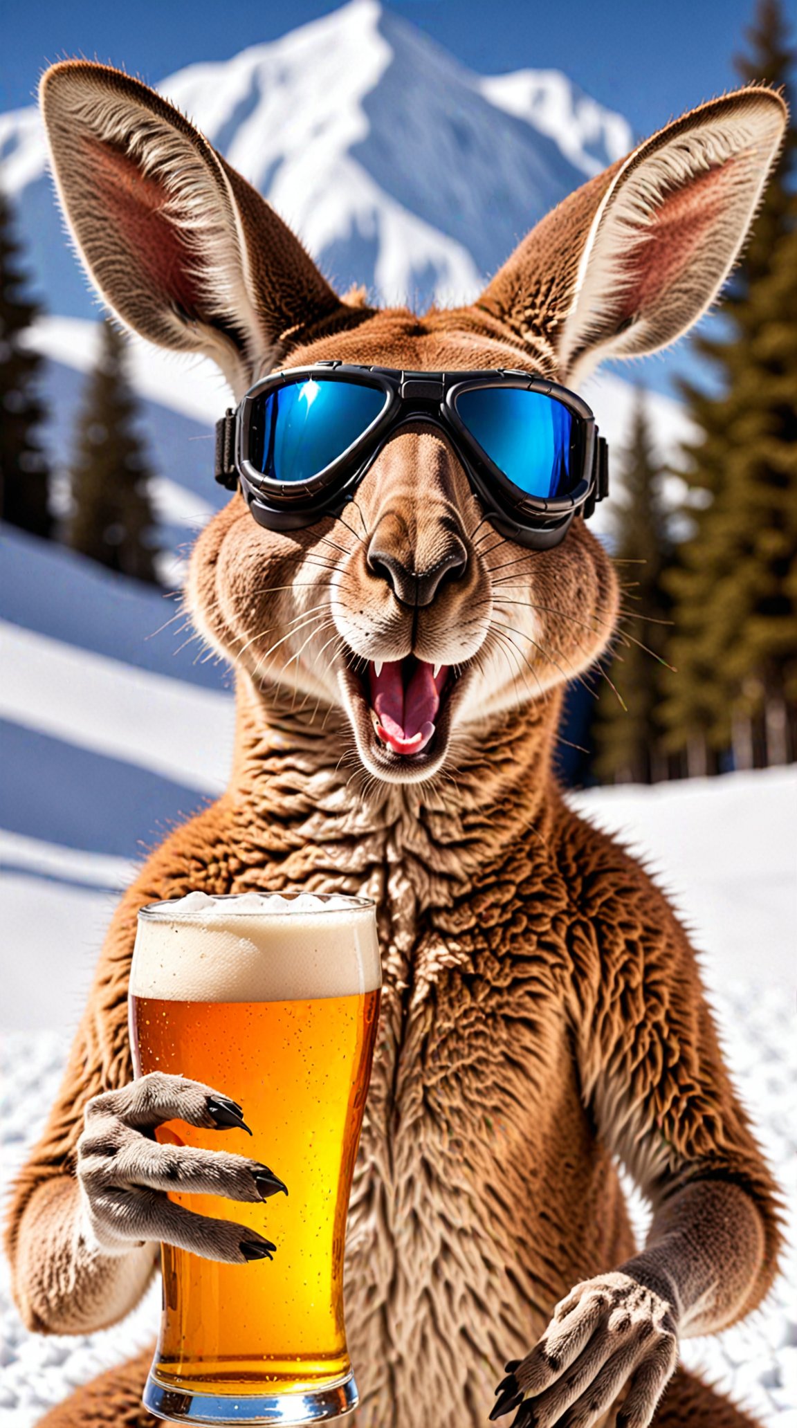 A kangaroo holding a beer, wearing ski goggles and passionately singing silly songs.