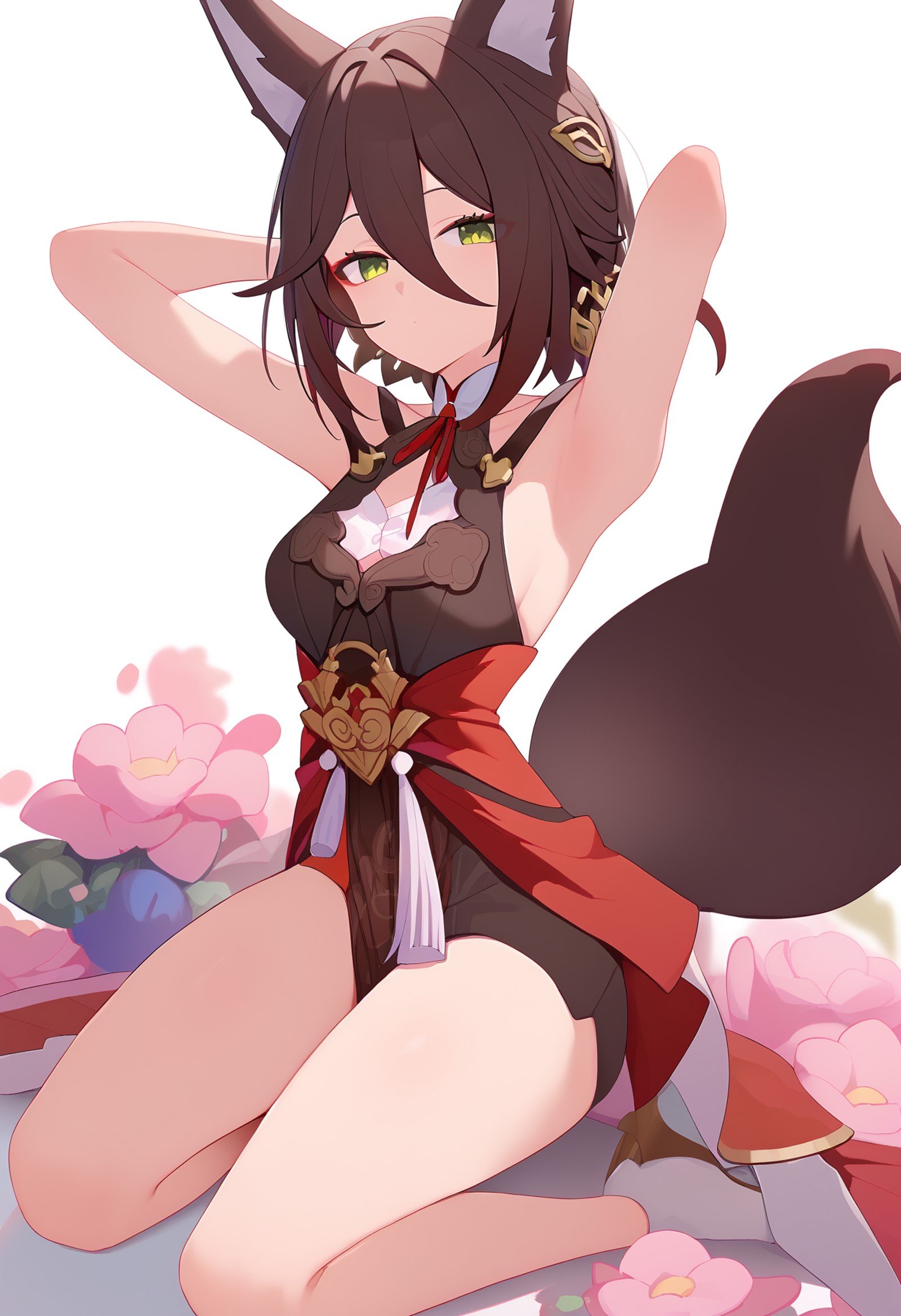 score_9,tingyun \(honkai star rail\),1girl,solo,fox girl,looking at viewer,fox tail,bare shoulders,ponytailkneeling, arms behind head, seiza,solo,looking at viewer,flower,full body,simple background,white background,score_9,<lora:pony_char_tingyun_(honkai_star_rail)-000022:1>