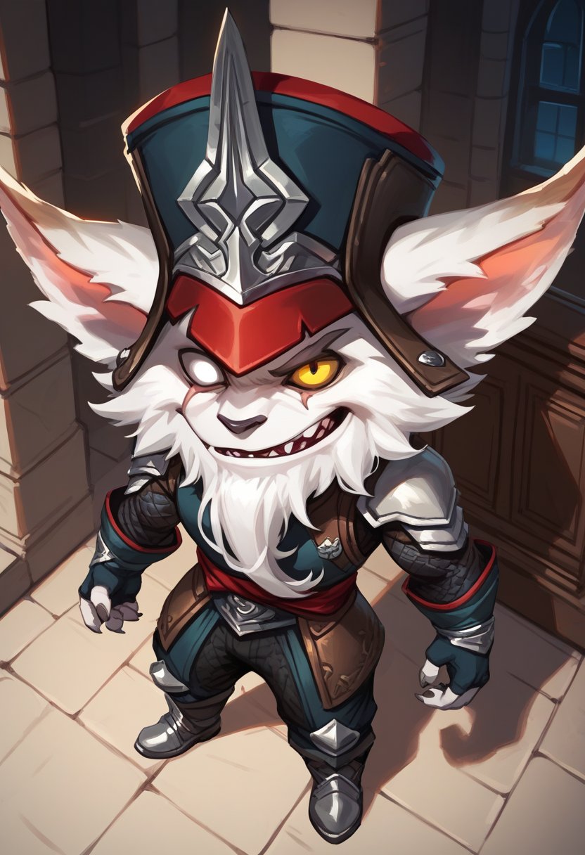 score_9, score_8_up, score_7_up, score_6_up, kl3d, 1boy, yordle, male focus, yellow eyes, white eye,scar across eye, one-eyed, facial hair, beard,  hat, black headwear, ears through headwear, armor, gloves, fingerless gloves, pants, boots , <lora:Kled_Default_v1:0.7>, castle, indoors, from above