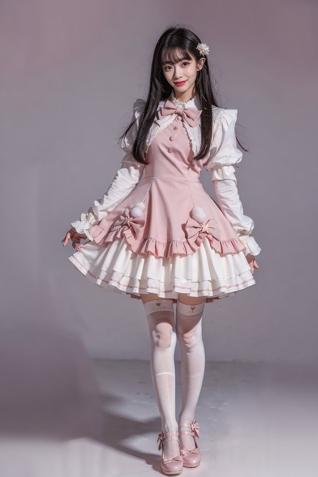 best quality, masterpiece, photorealistic, 1girl, solo, long straight black hair, blunt bangs, looking at viewer, full body, cyb dress, pink dress, long sleeves, puffy long sleeves, bow, white thighhighs, mary janes, simple background, <lora:cute_dress_style1_v1:0.7>