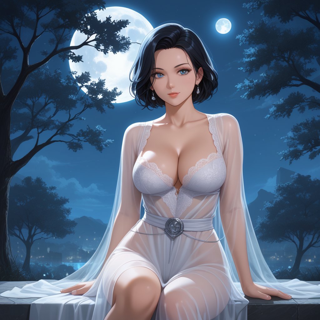 (,1girl, ,best quality, ),,  ,ultra realistic 8k cg, ,masterpiece, (( , )),, ,fiction,mole,,      ,(cleavage),,  (),  ,see-through, lace, (((, solo, moon, , bare_tree, )))(cleavage),(sit),