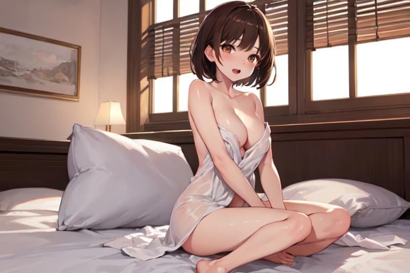 naked sheet, solo, sitting, short hair, collarbone, cleavage, open mouth, on bed, barefoot, bed, brown eyes, brown hair, <lora:6b3b62ba-0a0a-44b1-9a13-63d6d4503c37:0.7>