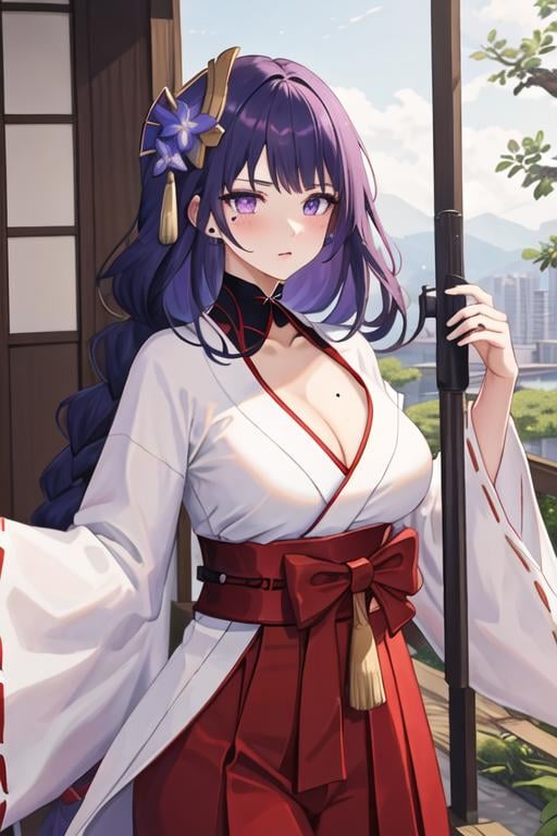 best quality, masterpiece, highres, solo, {white kimono:1.35}, {red hakama:1.35}, {wide sleeves:1.20}, {raiden_shogun_genshin:1.15}, long_hair, purple_hair, bangs, purple_eyes, mole_under_eye, mole, breasts, hair_ornament, large_breasts, flower, braid, cleavage, hair_flower, blush, very_long_hair