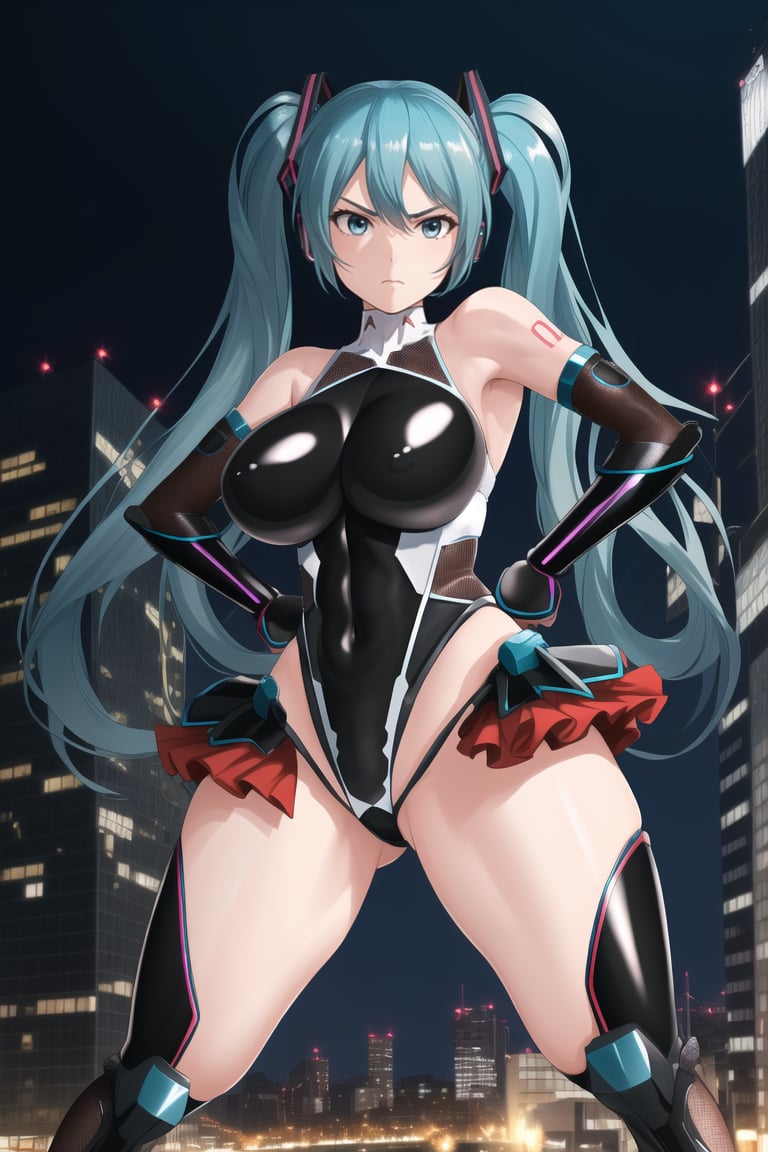 masterpiece, best quality, CG, wallpaper, HDR, high quality, high-definition, extremely detailed, taimanin leotard, hatsune miku, blue hair, twintails, serious expression, fighting pose, dynamic pose, city, night, large breasts, thick thighs, narrow waist