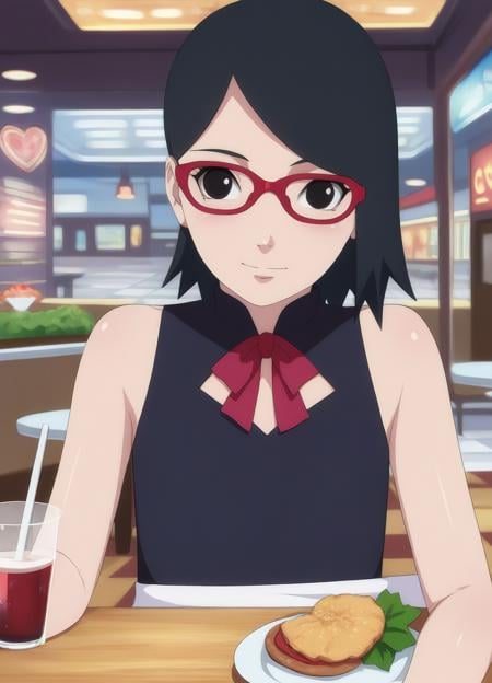 score_9, score_8_up, score_7_up,1girl,sarada,black hair,short hair,red eye frame glasses,detailed face, masterpiece,best quality, shiny , <lora:sarada:1>   wearing a v dress,flat chest,restaurant,black eyes