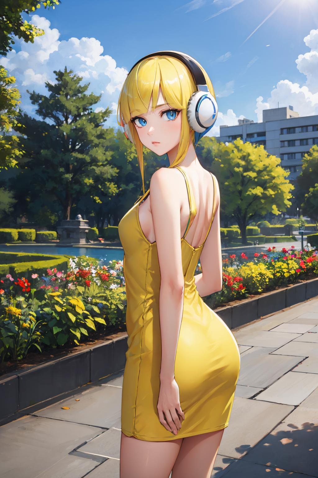 masterpiece, best quality, <lora:elesa-nvwls-v1-000010:0.9> bw1elesa, blonde hair, short hair, headphones, yellow sundress, yellow dress, from behind, looking at viewer, emotionless, garden, cityscape