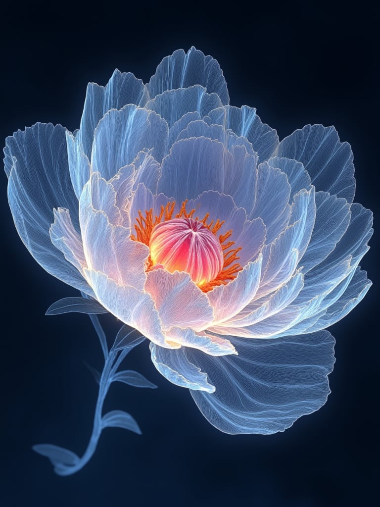 oblizi,This is a highly detailed, digitally created artwork depicting a delicate, translucent peony flower. The image is rendered in a semi-realistic style with an emphasis on intricate, ethereal details. The petals of the flower are rendered in a gradient of soft, pastel shades of blue and white, with delicate, almost lace-**** patterns that mimic the natural veins and texture of a real peony. The petals are slightly transparent, allowing glimpses of a vibrant, fiery orange-red center, which contrasts vividly against the cool hues of the petals. The flower's stem and leaves are also visible, rendered in a similar translucent blue-white, with fine, detailed lines that give the impression of delicate, almost crystalline structures. The background is a deep, dark navy blue, which enhances the luminosity and ethereal quality of the flower. The overall composition is focused tightly on the flower, with no other objects or distractions, emphasizing the beauty and intricacy of the peony. The image captures a sense of delicate, almost otherworldly beauty, blending elements of realism and fantasy.