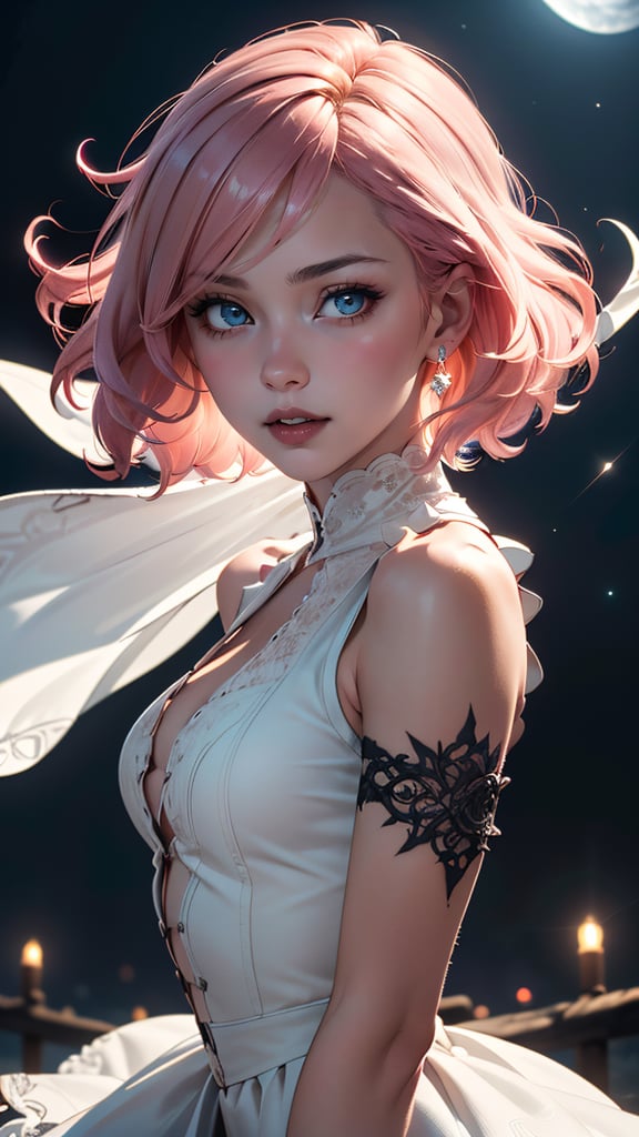 (best quality, masterpiece, colorful, highest detailed) upper body photo, fashion photography of cute (Creamy Mamy), idol, curly pink hair, perfect eyes shape, in high detailed white gothic-suit, (ultra-detailed gothic-dress), sleeveless top, short wide skirt, (light smile:0.3), moonlight passing through hair, (night beautiful background:1.3), (intricate details), (dynamic angle)