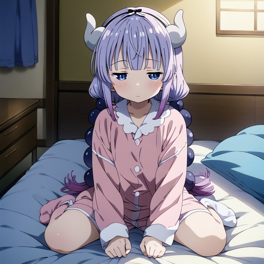 kanna_kamui, kobayashi-san_chi_no_maidragon, 1girl, blue_eyes, purple_hair,half-closed eyes, pajamas,