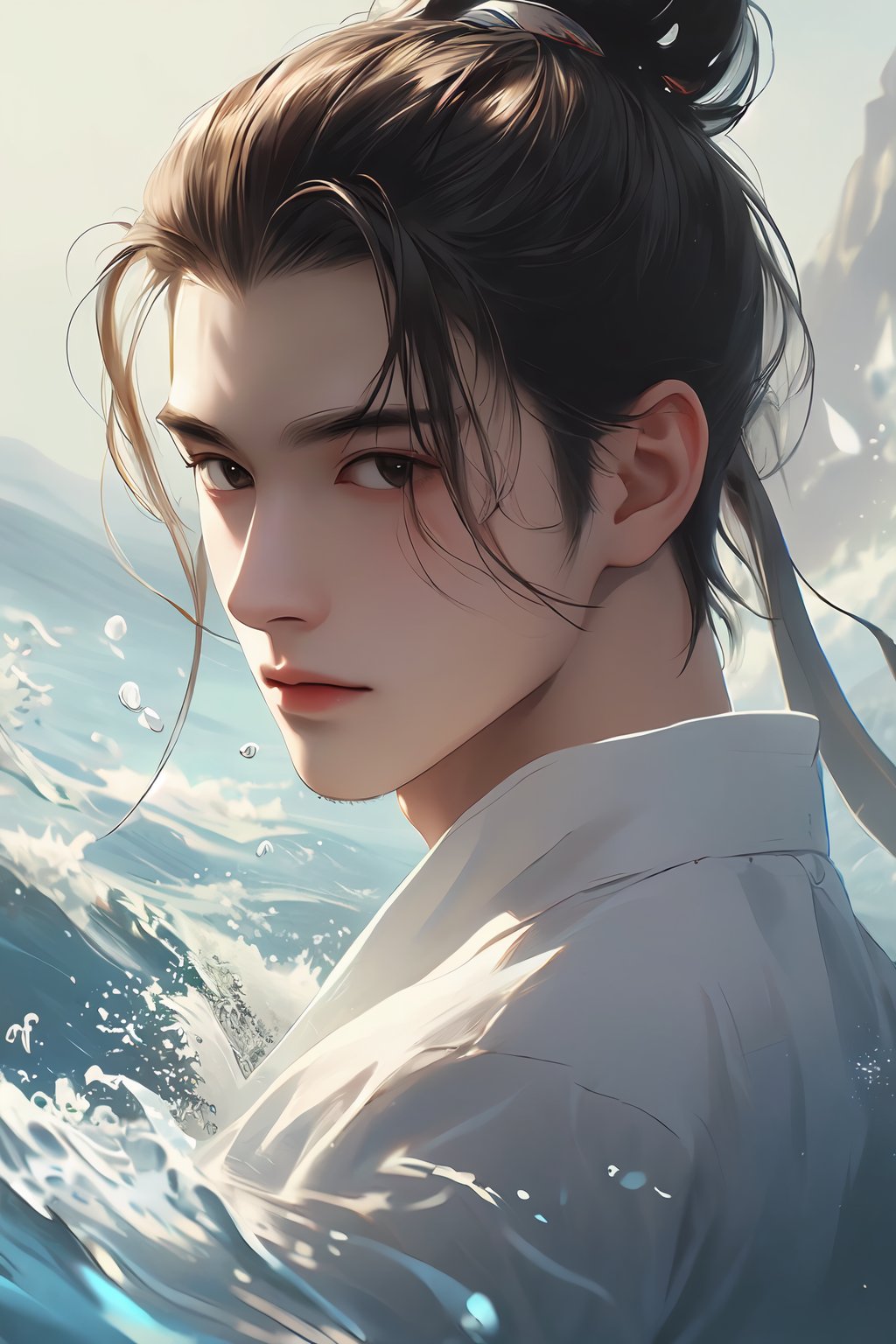 masterpiece,best quality,surrounded by water,man,hair_bun,trends,