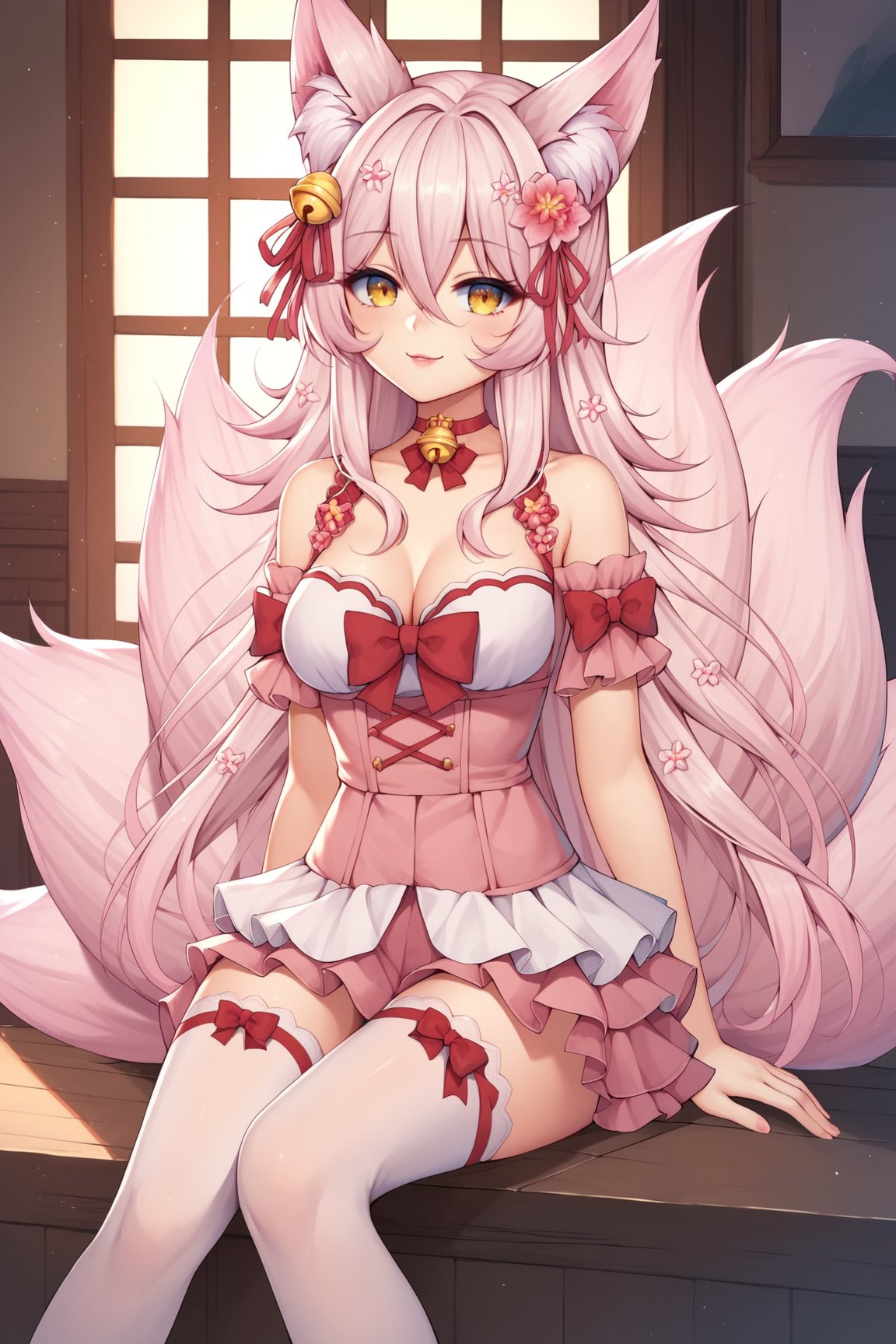 score_9, score_8_up, score_7_up, score_6_up, score_5_up, score_4_up, KitsunnyStarVTXL, animal ears, animal ear fluff, yellow eyes, pink hair, long hair, sidelocks, hair between eyes, hair ornament, hair flower, hair bell, red choker bell, fox tail, multiple tails, medium breasts, bare shoulders, cleavage, pink dress, red ribbon, pink skirt, frills, pink thighighs, solo, sitting, seductive smile, looking at viewer, indoors  <lora:KitsunnyStarVTXL:0.8>