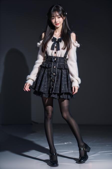 best quality, masterpiece, realistic, photorealistic, 1girl, solo, black hair, long hair, straight hair, blunt bangs, looking at viewer, smile, standing, full body, dating attire, sweater, white sweater, bow sweater, shoulder cutout, skirt, buttons skirt, suspender skirt, pantyhose, shoes, grey background, <lora:dating_attire_style8_v1:0.7>