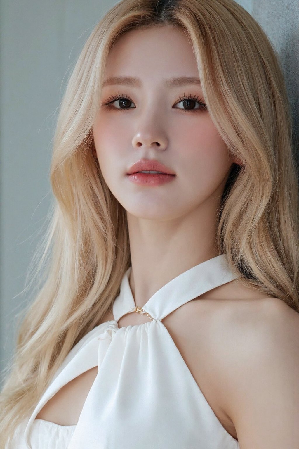 (medium full shot), beautiful korean girl with long blonde hair wearing white halter dress, necklace, dslr, soft lighting, high quality, film grain, light reflections, blood vessels, pale skin, skin pores,blood vessels in sclera, detailed skin, beauty spots, skin fuzz, <lora:flux_realism_lora:1>,   <lora:makinaflux_miyeon_v1.0:1>