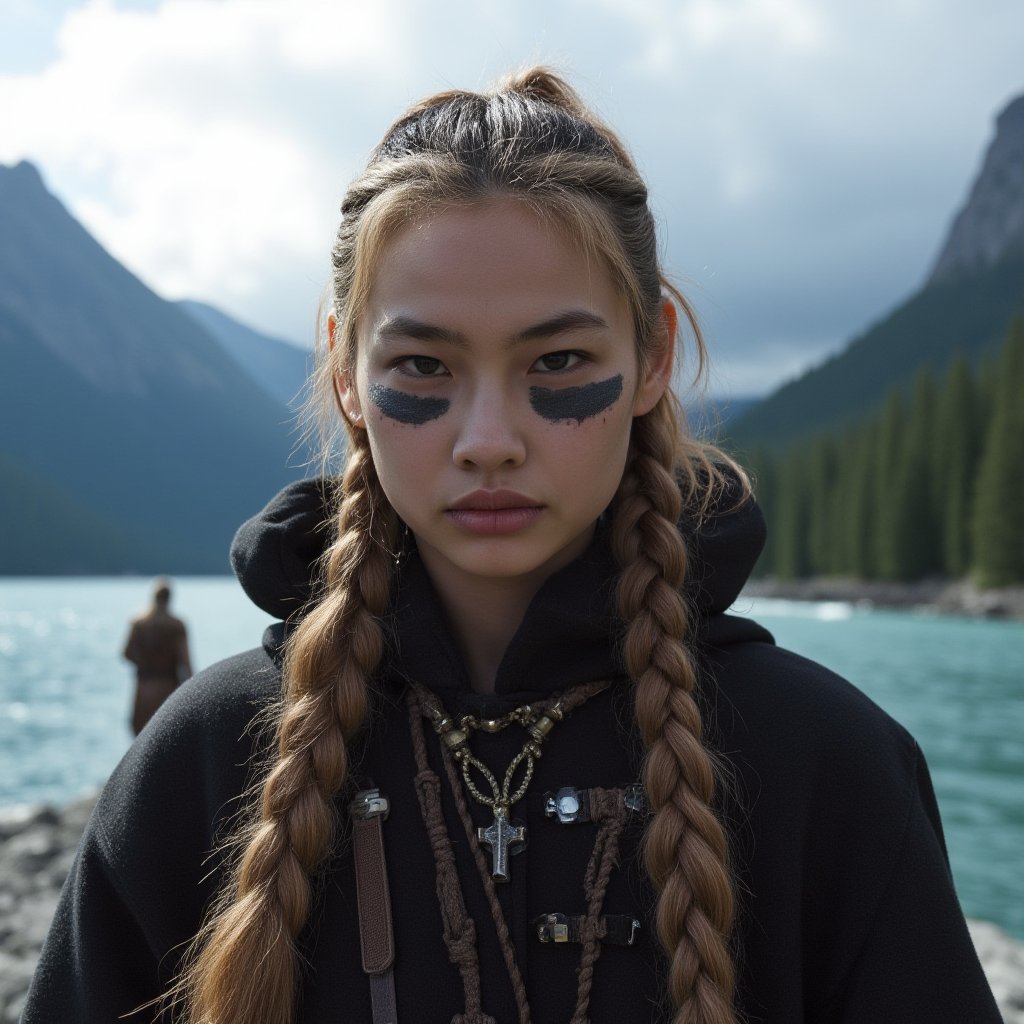 Instagram selfie of a nordic viking warrior princess with black warpaint under her eyes. There is a beautiful norwegian fjord in the background and other viking troops walking past her. She looks fierce and beautiful yet calm. ,<lora:hoyeon_local_flux_1_standard-000033:1>