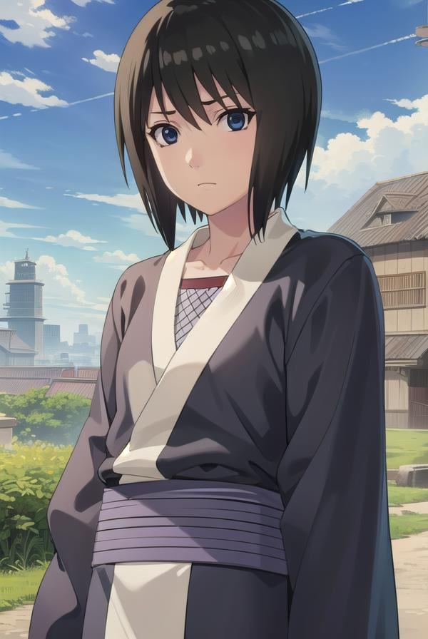 kunoichishizune, <lora:kunoichi shizune-lora-nochekaiser:1>,shizune, short hair, black hair, (black eyes:1.3),BREAK long sleeves, collarbone, japanese clothes, fishnets,BREAK outdoors, forest, nature, trees, grass, sky, clouds, sun,BREAK looking at viewer, (cowboy shot:1.5),BREAK <lyco:GoodHands-beta2:1>, (masterpiece:1.2), best quality, high resolution, unity 8k wallpaper, (illustration:0.8), (beautiful detailed eyes:1.6), extremely detailed face, perfect lighting, extremely detailed CG, (perfect hands, perfect anatomy),