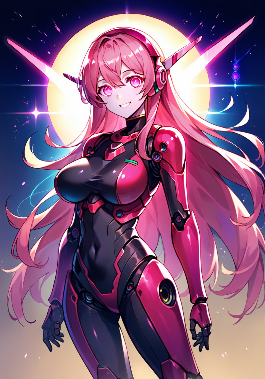 score_9, score_8_up, score_7_up, score_6_up, high quality, masterpiece, 8k, highres, detailed, cowboy shot, solo, straight-on, facing viewer, looking at viewer, android, lens eye, [glowing eyes], [tsurime], pink eyes, pink hair, long hair, robot ears, bodysuit, black bodysuit,  pilot suit, (glowing lines), neon lines pale skin, large breasts, curvy, [large ass], space, smile