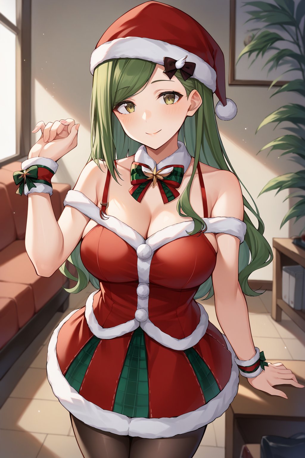 score_9, score_8_up, score_7_up, source_anime, hazukinanakusa, green hair, long hair, swept bangs, green eyes, large breasts, santa costume, santa hat, fur trim, bare shoulders, off shoulder, strap slip, multicolored skirt, red bowtie, green bowtie, multicolored bow, wrist cuffs, pantyhose, looking at viewer, smile, cowboy shot, couch, office,  <lora:nanakusa_hazuki_XL:0.9>