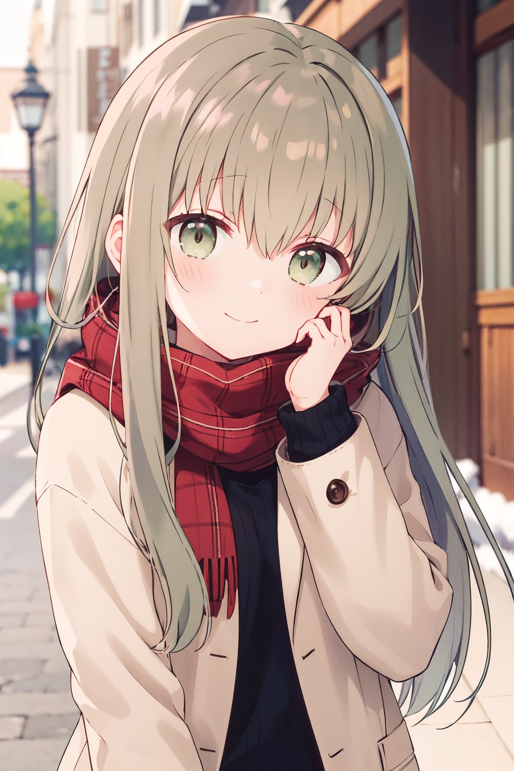 1girl, cecilia \(shiro seijo to kuro bokushi\), anime screencap, blush, smile, heart, red scarf, eyebrows visible through hair, plaid scarf, long sleeves, looking at viewer, ribbed sweater, green hair, green eyes, closed mouth, solo, blurry background, upper body, sleeves past wrists, grey sweater, hand up, breath, hair between eyes, brown coat, brown jacket, depth of field, turtleneck sweater, open jacket, very long hair, open coat, brown eyes, black sweater, solo, turtleneck, pov, fingernails, enpera, head tilt, hand on own face, brown sweater, hand on own cheek, fringe trim, blonde hair, brown hair, winter clothes, outdoors, street<lora:cecilia_shiro_seijo_locon_v1:0.9>