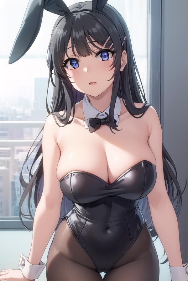 maisakurajima, <lora:mai sakurajima s1-lora-nochekaiser:1>, mai sakurajima, long hair, bangs, (black hair:1.5), hair ornament, (purple eyes:1.1), hairclip, rabbit hair ornament,BREAK bow, animal ears, cleavage, bare shoulders, pantyhose, bowtie, black footwear, rabbit ears, high heels, leotard, black pantyhose, strapless, black bow, detached collar, fake animal ears, playboy bunny, black leotard, strapless leotard, thighband pantyhose, black bowtie,BREAK indoors, library,BREAK looking at viewer, (cowboy shot:1.5),BREAK <lyco:GoodHands-beta2:1>, (masterpiece:1.2), best quality, high resolution, unity 8k wallpaper, (illustration:0.8), (beautiful detailed eyes:1.6), extremely detailed face, perfect lighting, extremely detailed CG, (perfect hands, perfect anatomy),