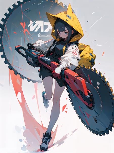 masterpiece, best quality, highres, 1girl,full body,oversized hooded jacket,full body,circular saw,  <lora:weapon_v01:0.8>