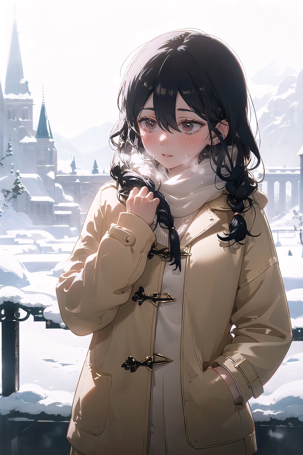 1girl, blush,parted lips, lipstick, mature female, (solo focus:1.2), black hair, hair between eyes, braided hair, BREAK, suggestive pose, casual winter clothing, beige coat, snow, (looking away:1.4), hand in pocket, SLE, detailed castle mountain background, bright, (white theme, chromatic aberration:1.3), (subsurface scattering, global illumination:1.2), (masterpiece, best quality,PIXIV:1.3), (beautiful and detailed and aesthetic:1.2),