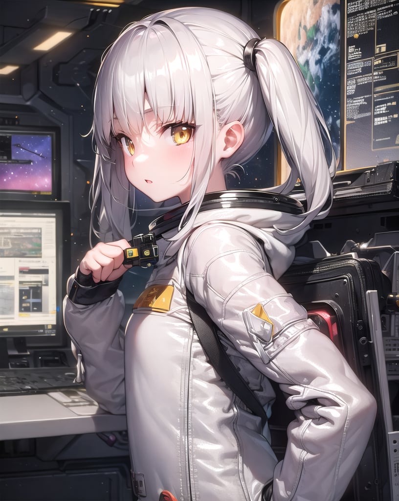 masterpiece, best quality, 1girl, (space), spacecraft, (spacesuit), upper body, from side, science fiction, yellow eyes, twintails, silver hair,