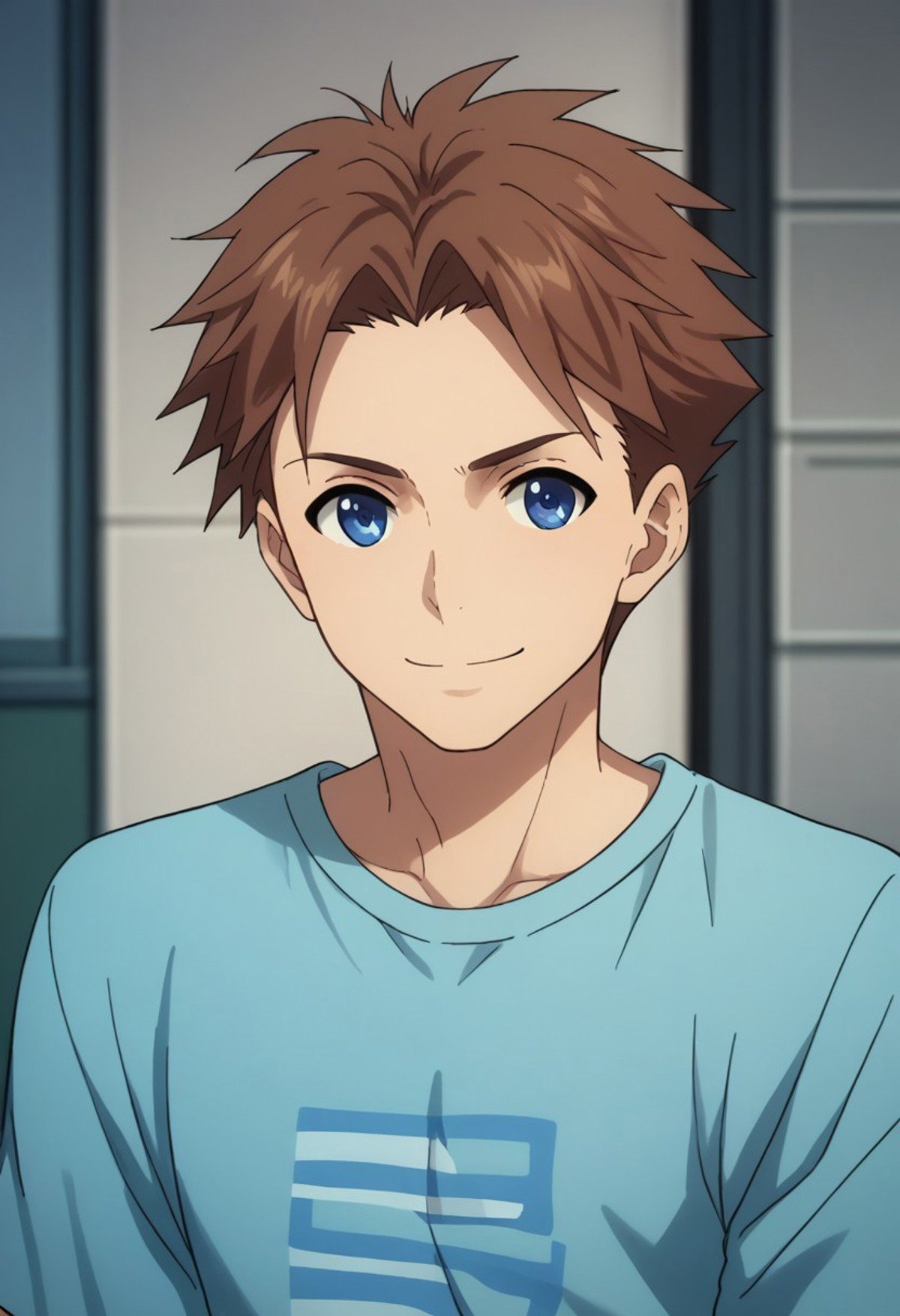 score_9, score_8_up, score_7_up, source_anime, highly detailed, heivia, 1boy, male focus, solo, brown hair, short hair, blue eyes, upper body, shirt, t-shirt, upper body, smileindoor, 