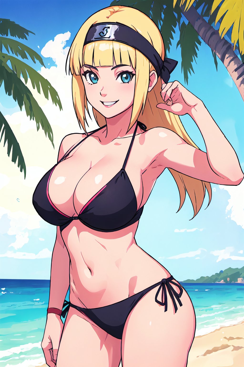 <lora:KishimotoStyle_1-step00002900:0.7>, solo, 1girl, forehead protector, headband, black headband, konohagakure symbol, large breasts, blonde hair, blunt bangs, bikini, beach background, sunshine, beautiful, smiling, looking at viewer, cowboy shot