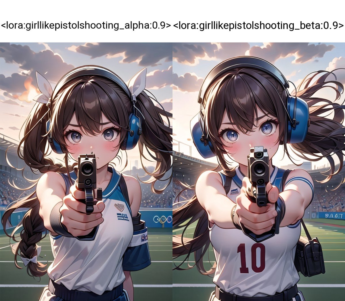 (((masterpiece))), (((best quality))), ((pistol shooting)), (holding air handgun), muzzle flash, aiming at target, aiming at viewer, firing, player uniform, sleeveless, sports shorts, ear defenders, fingerless gloves, open-air range, olympic games venue, sky, wind, steam, sweat, shadow, 1girl, ribbon, brown hair, braid, big tits, stnading, facing viewer,  <lora:girllikepistolshooting_alpha:0.9>