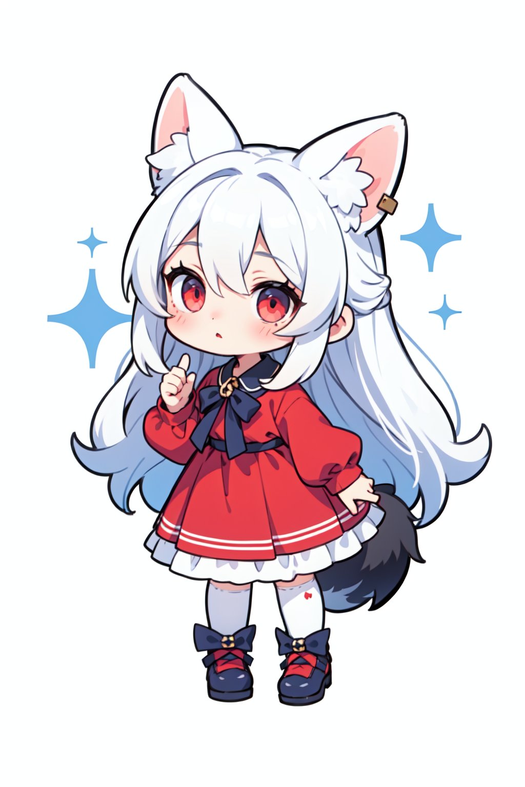 1girl,chibi,blue bow,animal ears,red eyes,long hair,very long hair,long sleeves,solo,bow,hair between eyes,tail,fox tail,bangs,dress,white legwear,white hair,