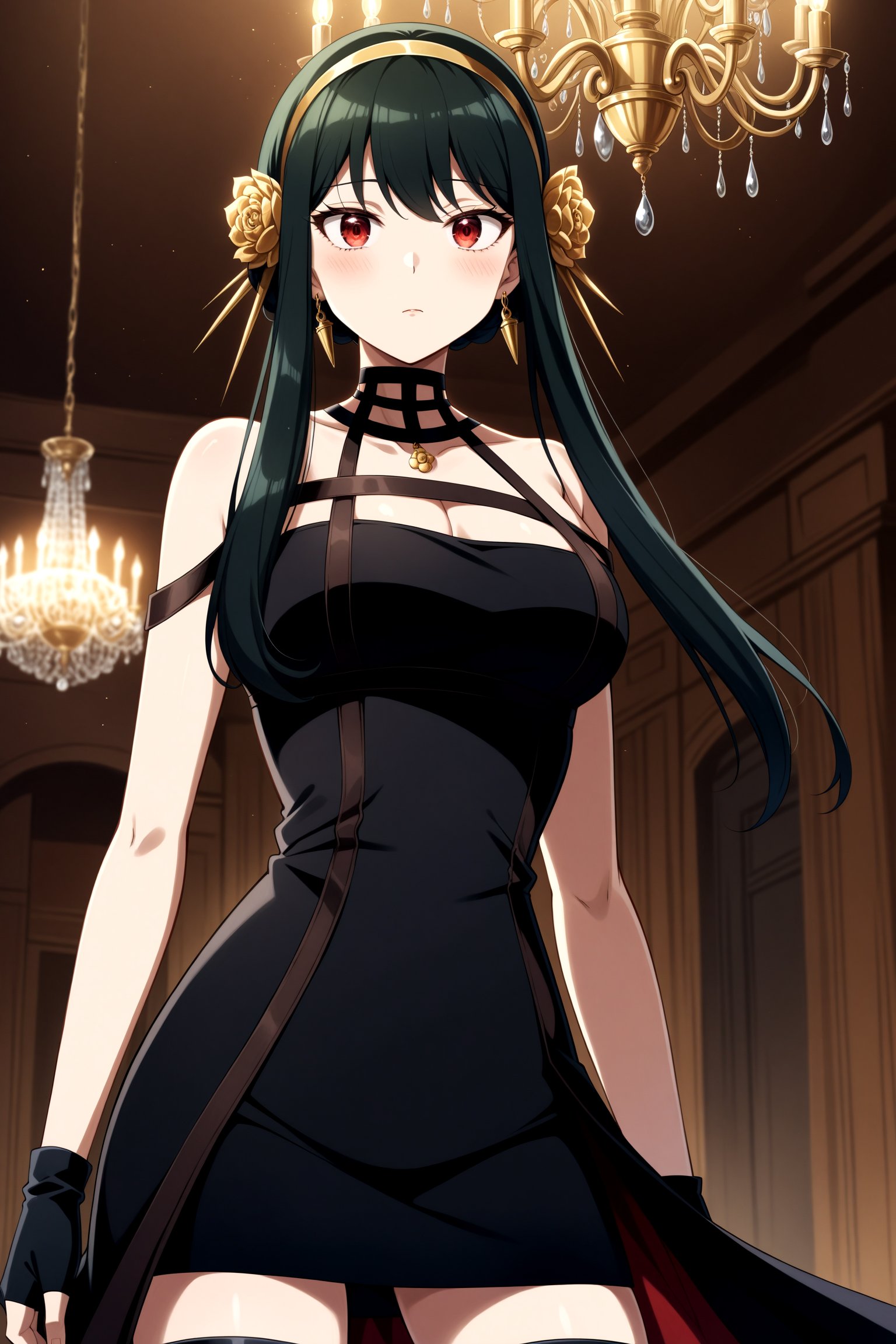 (masterpiece, best quality, very aesthetic, ultra detailed), intricate details, 4k, anime style, aayorf, short hair with long locks, gold hairband, hair ornament, red eyes, gold earring, breasts, choker, bare shoulders, black dress, two-sided dress, fingerless gloves, black gloves, thigh boots, <lora:yor_forger_XL_v1:0.9>, standing, cowboy shot, expressionless, indoors, chandelier, 