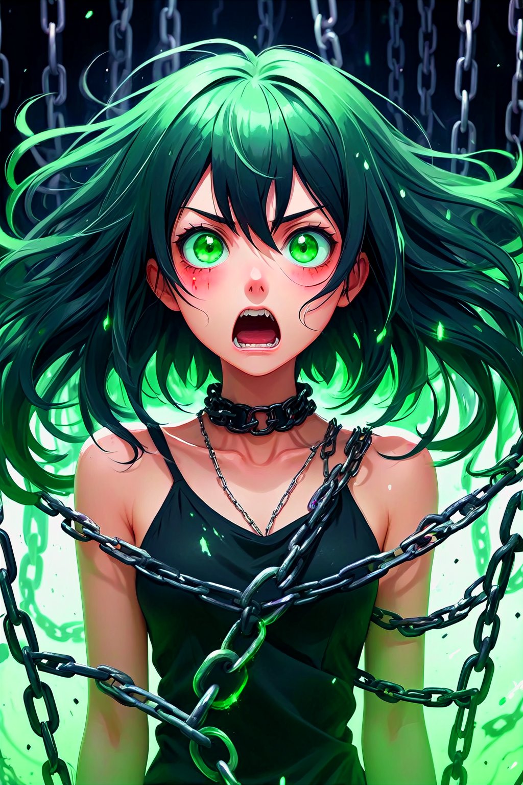 black hair, short hair, green eyes, sparkling eyes, pastel, abstract, particles, horror \(theme\), scary, flowing hair, ((nightmare)), red, chains, black, horrified, facing viewer, upper body, looking at viewer