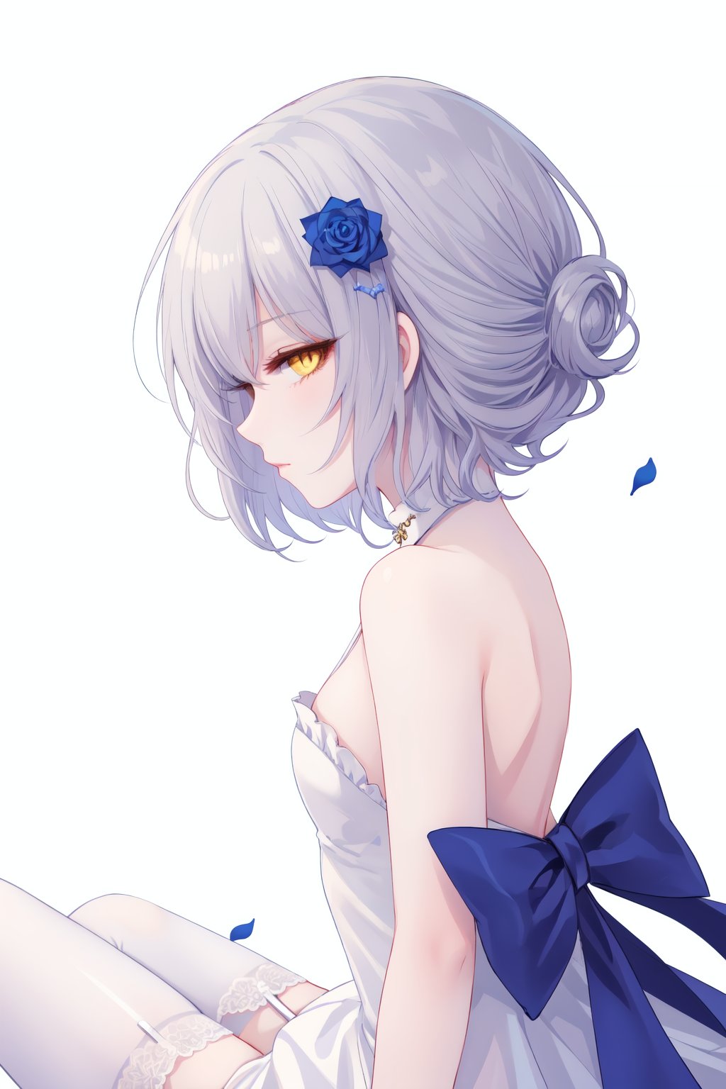 1girl,solo,thighhighs,blue flower,white background,blue rose,flower,looking at viewer,white dress,backless outfit,garter straps,white thighhighs,bare shoulders,from side,hair flower,bow,wrist cuffs,rose,backless dress,hair ornament,short hair,profile,legs up,bangs,simple background,yellow eyes,blue bow,petals,sitting,small breasts,bare arms,she style,ths97f,65setutyh4,ae45ngol4,