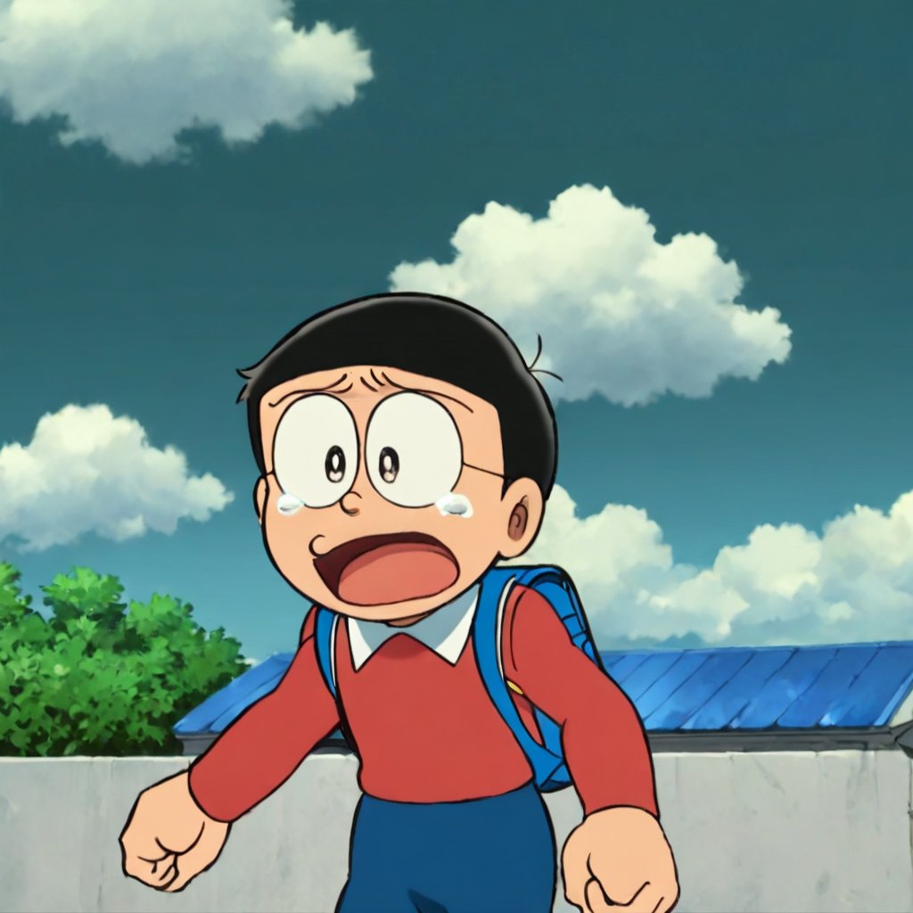 nobi nobita, 1boy, male focus, solo, black hair, sky, cloud, open mouth, tears, backpack, blue sky, crying, day, upper body, black eyes, bag, red shirt, parody, shirt, outdoors, tearing up, masterpiece, best quality, <lora:minamoto shizuka and nobita kohaku:1>