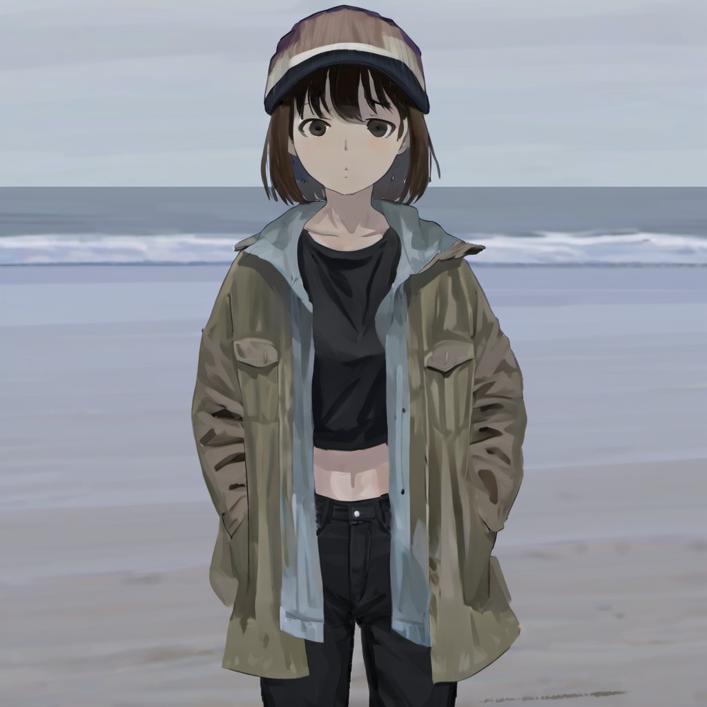 <lora:loneliness_xl_v2:0.8>,a person standing on a beach with a hat on their head and a jacket on their shoulders and a black shirt on, 1girl, solo, looking_at_viewer, short_hair, bangs, brown_hair, shirt, hat, hair_between_eyes, closed_mouth, standing, cowboy_shot, open_clothes, pants, coat, black_shirt, expressionless, black_pants, hands_in_pockets, beanie