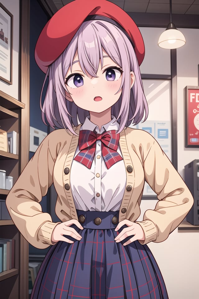 insanely detailed, absurdres, ultra-highres, ultra-detailed, best quality,1girl, solo, nice hands, perfect handsBREAK(vintage-inspired beret with flower pin:1.3), (navy and red plaid dress:1.5), (golden buttons down the front:1.2), (ivory blouse with ruffle detailing and red bow tie:1.4), (peach cardigan with cable knit pattern:1.3), (black tights:1.1), (red Mary Jane shoes:1.2)BREAK(nsfw:-1.5)BREAKexpressionless, open mouthBREAK(45 angle:-1.5), (from side:-1.5),standing, cowboy shot, looking at viewerBREAKslender, kawaii, perfect symmetrical face, ultra cute girl, ultra cute face, ultra detailed eyes, ultra detailed hair, ultra cute, ultra beautifulBREAKin coffee shop, depth of field, ultra detailed backgroundBREAKmedium breastsBREAKpurple hair, purple eyes, twist out, hair between eyes