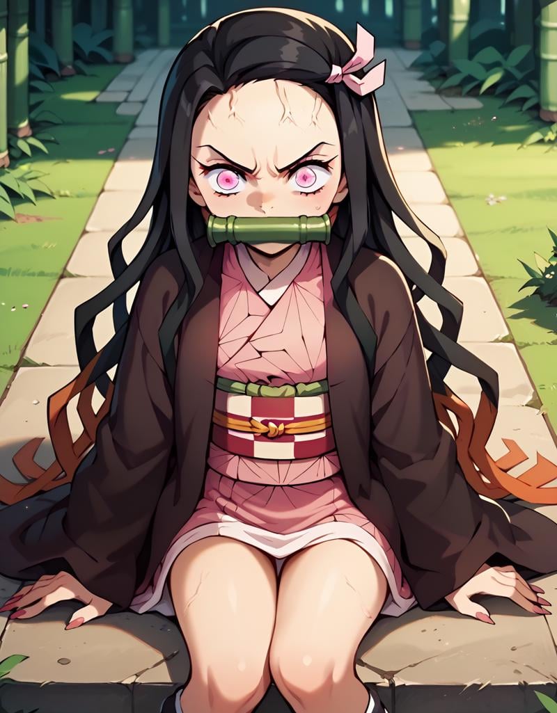 <lora:NezukoKamadopony-10:1>NezukoDem, kamado nezuko, 1girl,  black hair, very long hair, angry,  veins, sharp fingernails, pink eyes, 1girl, haori,  black haori,  pink kimono, hair ribbon,  pink ribbon, checkered sash,  obi,  bamboo, bit gag,Sitting with legs tucked under, outdoors,, score_9, score_8_up, score_7_up, score_6_up, score_5_up, score_4_up,