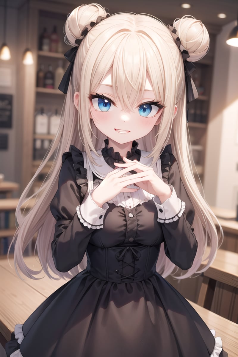 <lora:talkmouth_I_type2_v100:1>insanely detailed, absurdres, ultra-highres, ultra-detailed, best quality,1girl, solo, nice hands, perfect handsBREAKgothic theme, black gothic dress, white frill, hair dressBREAK(nsfw:-1.5)BREAKsmile, open mouthBREAK,standing, cowboy shot, looking at viewerBREAKslender, kawaii, perfect symmetrical face, ultra cute girl, ultra cute face, ultra detailed eyes, ultra detailed hair, ultra cute, ultra beautifulBREAKin coffee shop, depth of field, ultra detailed backgroundBREAKmedium large breastsBREAKblonde hair, blue eyes, double bun, hair between eyes