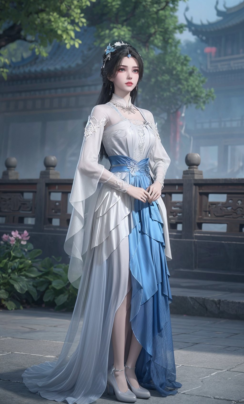 ,,masterpiece,(best quality),official art,extremely detailed cg 8k wallpaper,(extremely delicate and beautiful),socks,solo,realistic,photo_\(medium\),full body,ankle strap heels,facial tattoo,(chinese clothes,, gown, jewelry , long hair,white gown,blue gown, long sleeves),adfxx,1girl,portxx,solo,earrings,flowerhair bun,hair flower,black hair,hair ornament,realistic,<lora:40muwan_v4.0:0.7>,adfxx,