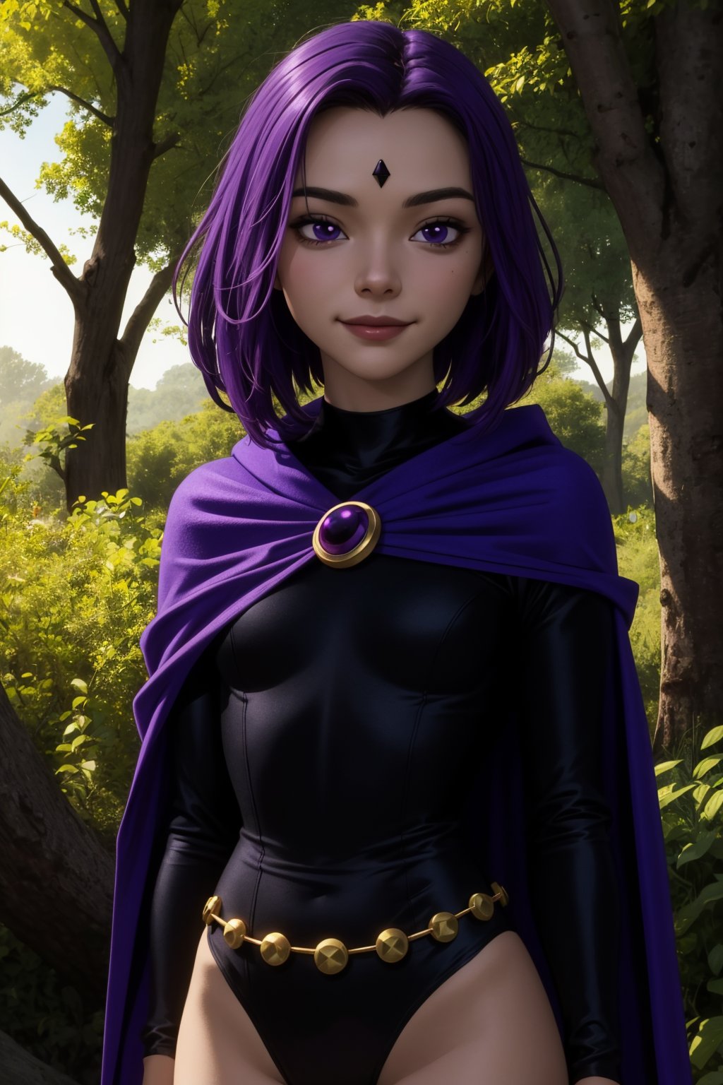 raven, 1girl, solo, purple eyes, purple hair, short hair, colored skin, grey skin, forehead jewel,black leotard, long sleeves, belt, purple cape,smile,closed mouth,naughty face,cowboy shot,upper body,forest,outdoor,(insanely detailed, beautiful detailed face, masterpiece, best quality) cinematic lighting,<lora:Raven_v3:1>, <lora:more_details:0.3>,