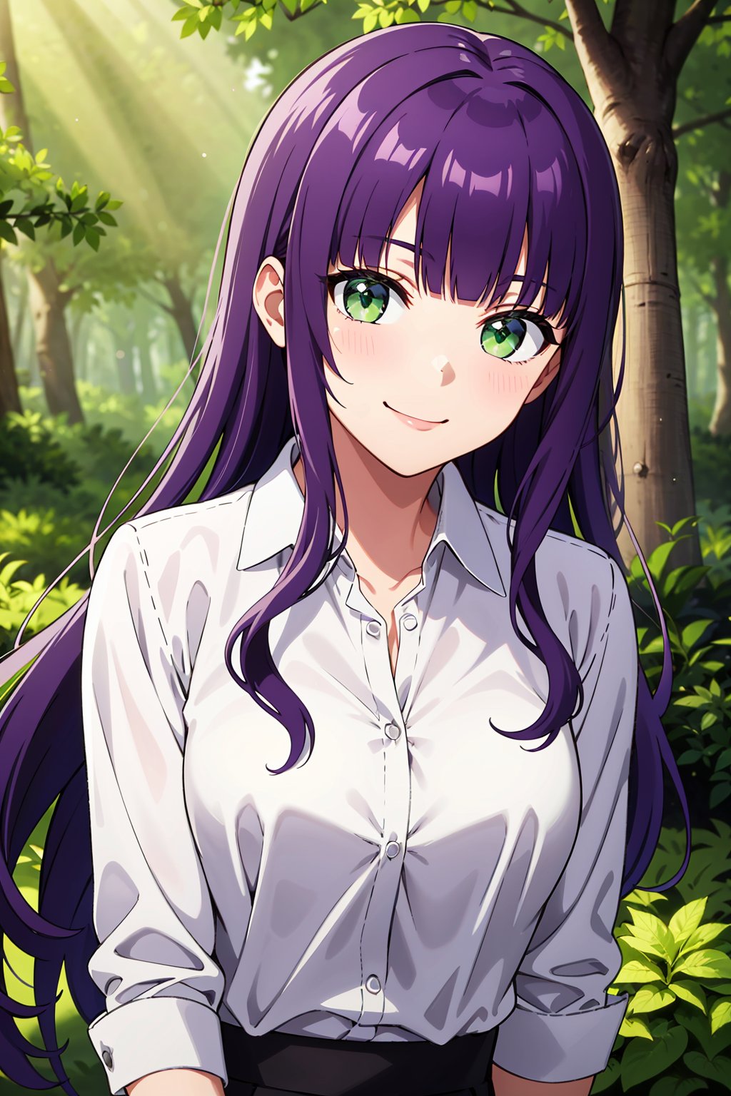 (masterpiece), best quality, expressive eyes, perfect face, solo,long hair, wavy hair, purple hair, blunt bangs, green eyes, medium breasts, white shirt, collared shirt, smile, head tilt,forest, looking at viewer,